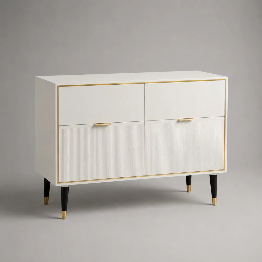 Credenza 120 x 40 x 80 cm in MDF laccato bianco ante scanalate e cassetti gambe in acciaio verniciato nero maniglie in lega di alluminio oro