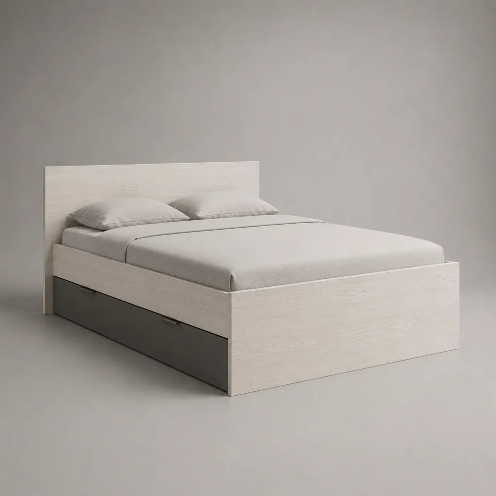 Letto matrimoniale 160 x 200 cm in MDF effetto rovere chiaro con cassetto laterale contenitore e testiera rettangolare grigio