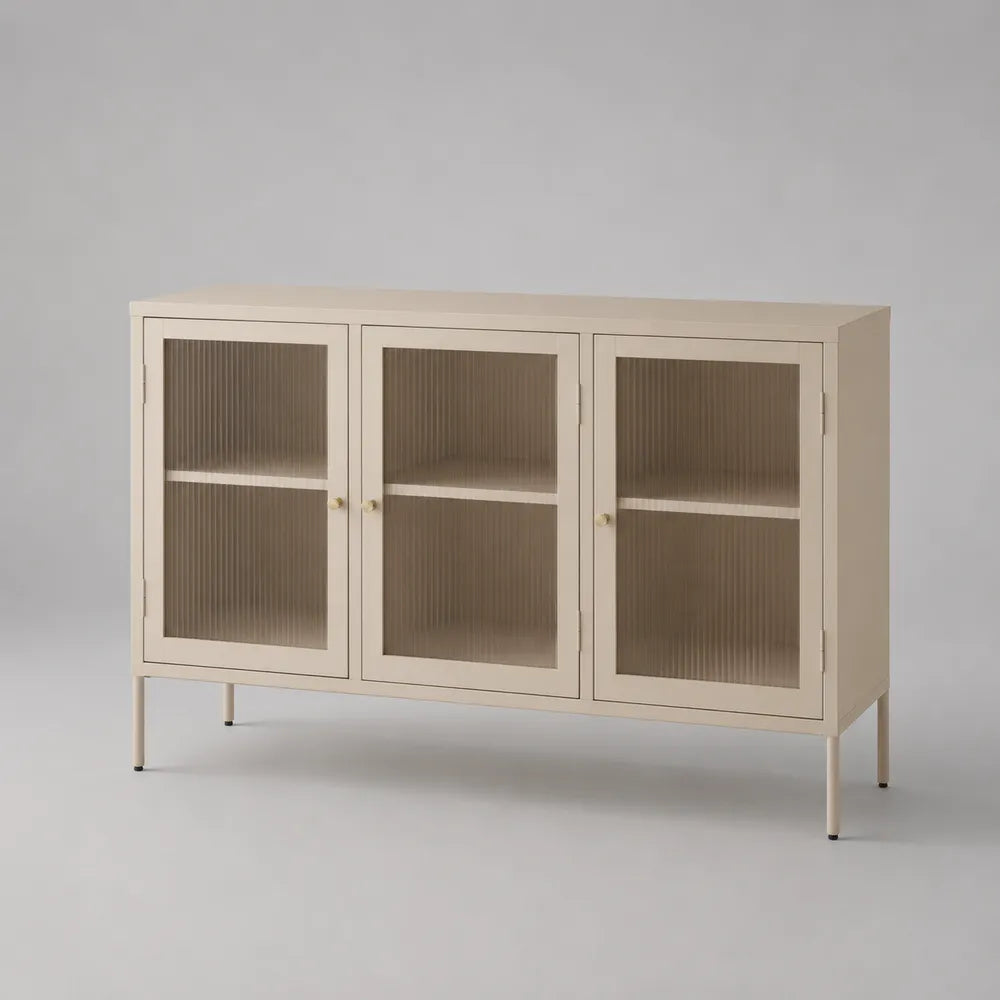 Credenza 140 x 40 x 85 cm in MDF beige con 3 ante in vetro rigato struttura rettangolare gambe in metallo verniciato