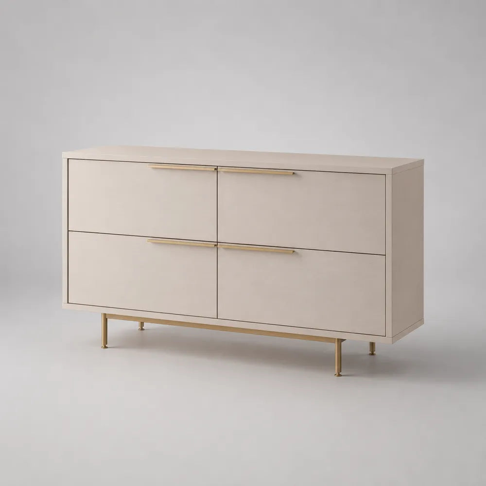 Credenza 140 x 40 x 75 cm in MDF laccato beige con 4 cassetti struttura rettangolare gambe in metallo verniciato oro