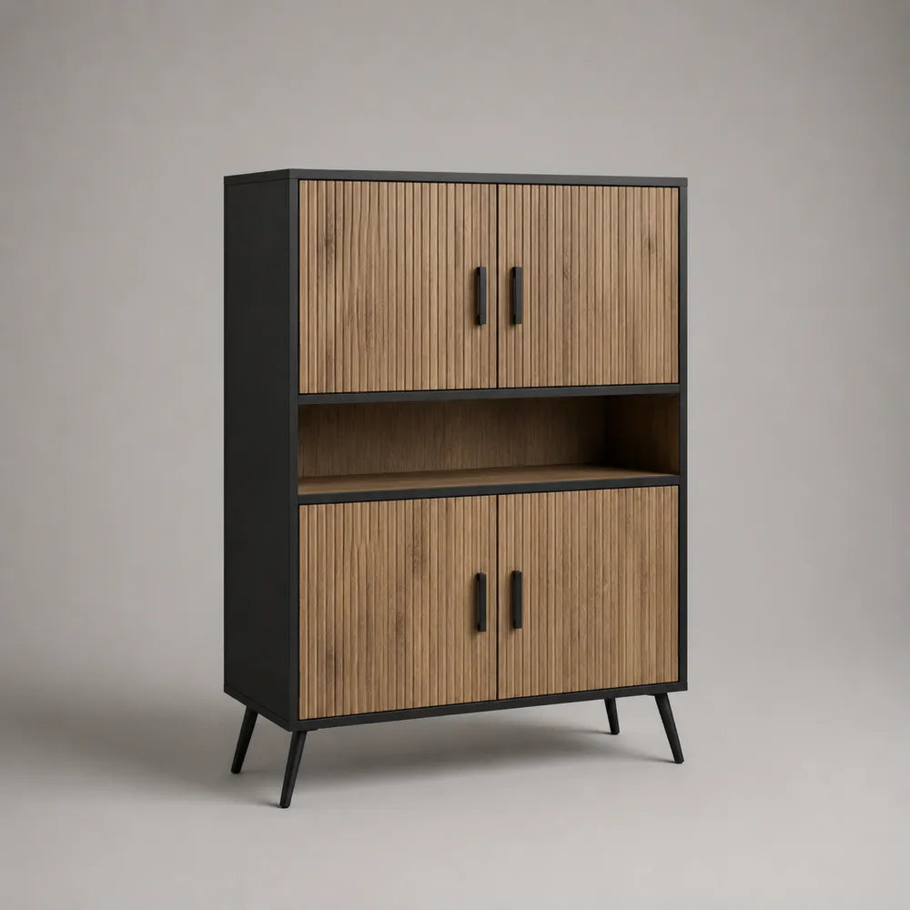 Credenza alta 90 x 40 x 160 cm in MDF effetto rovere con 4 ante e vano a giorno struttura con fianchi neri e gambe in metallo