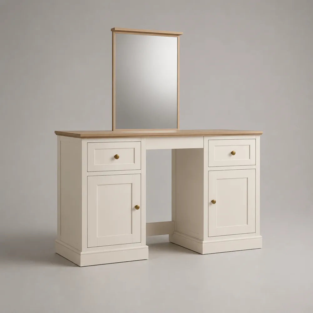 Toilette trucco 120 x 45 x 140 cm in MDF bianco e legno naturale con specchio centrale e vani laterali con cassetti struttura rettangolare