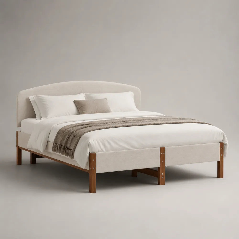 Letto matrimoniale 160 x 200 cm in legno massello con rivestimento in tessuto beige e testiera curva imbottita struttura con rete a doghe