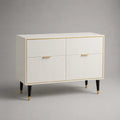 Credenza 120 x 40 x 80 cm in MDF laccato bianco ante scanalate e cassetti gambe in acciaio verniciato nero maniglie in lega di alluminio oro