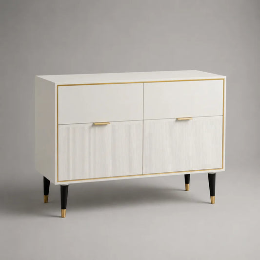 Credenza 120 x 40 x 80 cm in MDF laccato bianco ante scanalate e cassetti gambe in acciaio verniciato nero maniglie in lega di alluminio oro