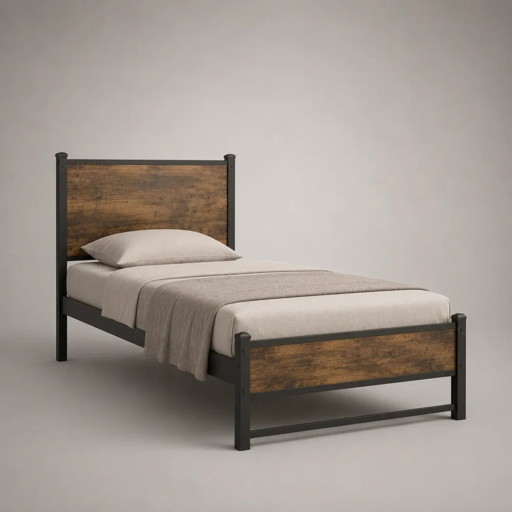 Letto singolo 90 x 200 cm in acciaio verniciato nero e pannelli effetto legno con rete a doghe