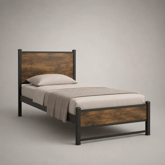 Letto singolo 90 x 200 cm in acciaio verniciato nero e pannelli effetto legno con rete a doghe