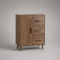 Credenza 80 x 40 x 90 cm in MDF impiallacciato noce con un’anta e tre cassetti gambe in legno massello struttura a quattro gambe