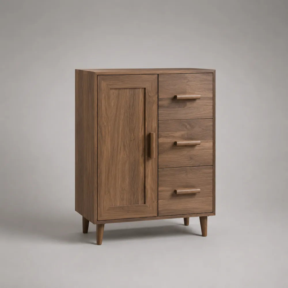 Credenza 80 x 40 x 90 cm in MDF impiallacciato noce con un’anta e tre cassetti gambe in legno massello struttura a quattro gambe