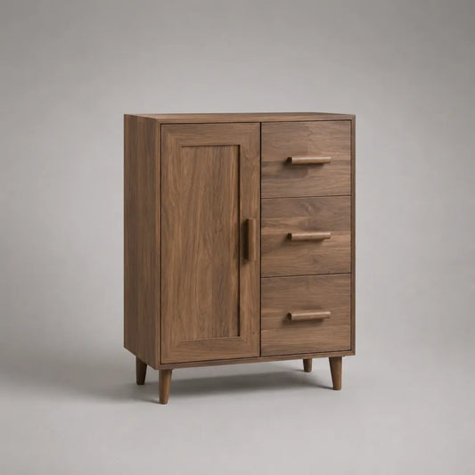 Credenza 80 x 40 x 90 cm in MDF impiallacciato noce con un’anta e tre cassetti gambe in legno massello struttura a quattro gambe