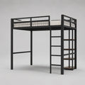 Letto a soppalco singolo 90 x 200 cm in acciaio verniciato nero con scala integrata e scaffale laterale effetto noce struttura rettangolare