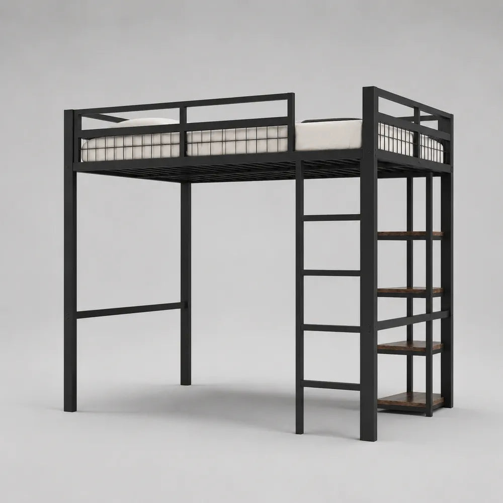Letto a soppalco singolo 90 x 200 cm in acciaio verniciato nero con scala integrata e scaffale laterale effetto noce struttura rettangolare