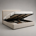 Letto contenitore matrimoniale in tessuto con struttura in acciaio e rete a doghe sollevabile 160 x 200 cm beige nero legno