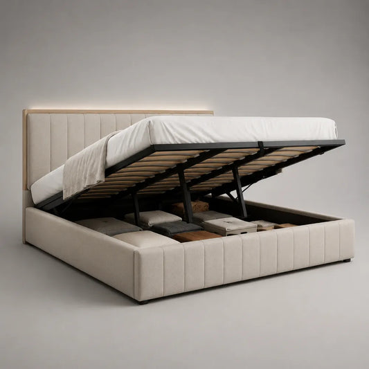 Letto contenitore matrimoniale in tessuto con struttura in acciaio e rete a doghe sollevabile 160 x 200 cm beige nero legno