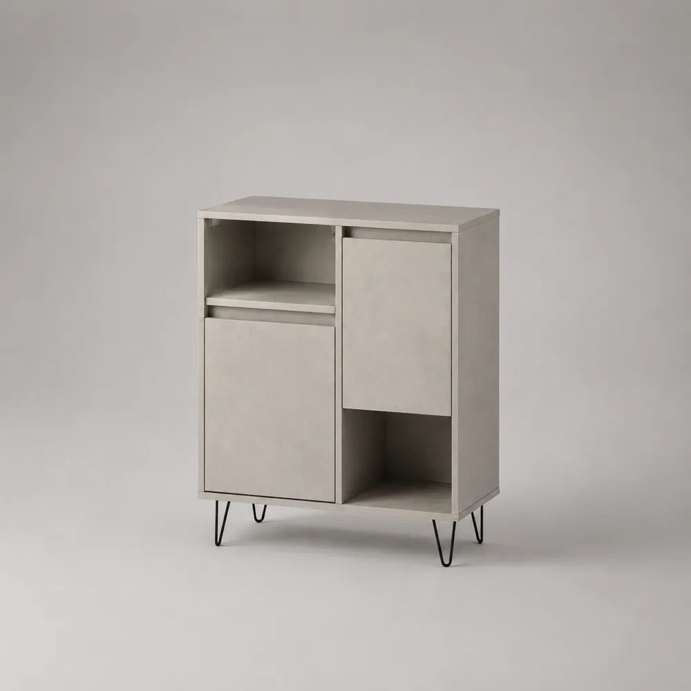 Credenza 80 x 40 x 95 cm in MDF laminato grigio con vani aperti e ante struttura in acciaio verniciato nero gambe a forcina