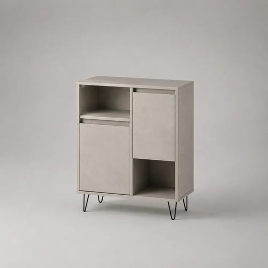 Credenza 80 x 40 x 95 cm in MDF laminato grigio con vani aperti e ante struttura in acciaio verniciato nero gambe a forcina