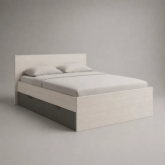 Letto matrimoniale 160 x 200 cm in MDF effetto rovere chiaro con cassetto laterale contenitore e testiera rettangolare grigio