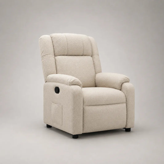 Poltrona reclinabile 82 x 94 x 105 cm in tessuto bouclé beige chiaro con struttura imbottita e leva laterale con tasca portaoggetti