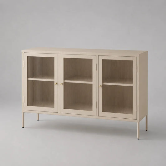 Credenza 140 x 40 x 85 cm in MDF beige con 3 ante in vetro rigato struttura rettangolare gambe in metallo verniciato