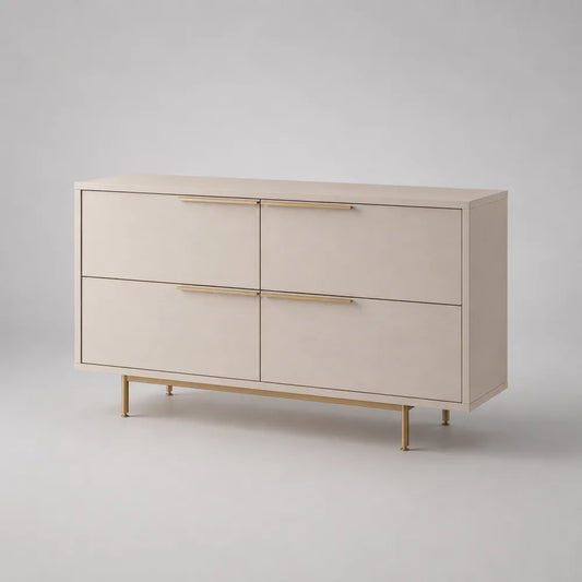 Credenza 140 x 40 x 75 cm in MDF laccato beige con 4 cassetti struttura rettangolare gambe in metallo verniciato oro