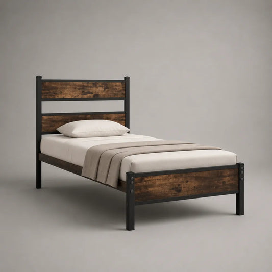 Struttura letto singolo 90 x 200 cm in acciaio verniciato nero con testiera e pediera in pannelli effetto rovere scuro dimensioni 98 x 208 x 105 cm