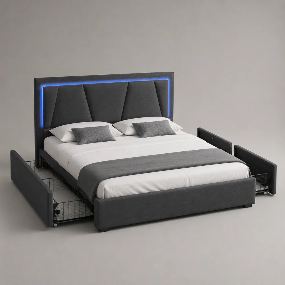 Letto contenitore matrimoniale 160 x 200 cm in tessuto grigio scuro con testiera imbottita LED e cassetti laterali struttura rettangolare