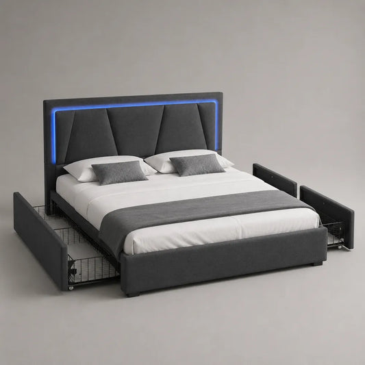 Letto contenitore matrimoniale 160 x 200 cm in tessuto grigio scuro con testiera imbottita LED e cassetti laterali struttura rettangolare