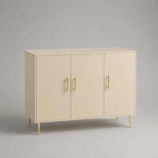 Credenza 120 x 40 x 85 cm in MDF melaminico beige con 3 ante gambe in metallo verniciato oro struttura rettangolare