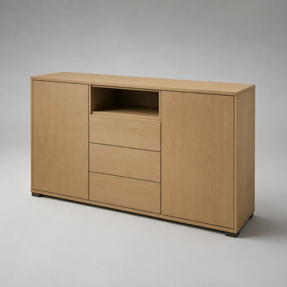 Credenza 150 x 40 x 80 cm in MDF effetto rovere chiaro con 2 ante 3 cassetti e vano a giorno struttura rettangolare