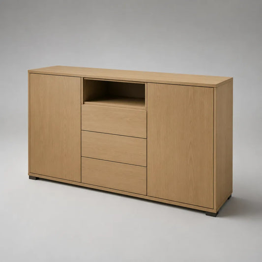 Credenza 150 x 40 x 80 cm in MDF effetto rovere chiaro con 2 ante 3 cassetti e vano a giorno struttura rettangolare