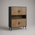 Credenza alta 90 x 40 x 160 cm in MDF effetto rovere con 4 ante e vano a giorno struttura con fianchi neri e gambe in metallo