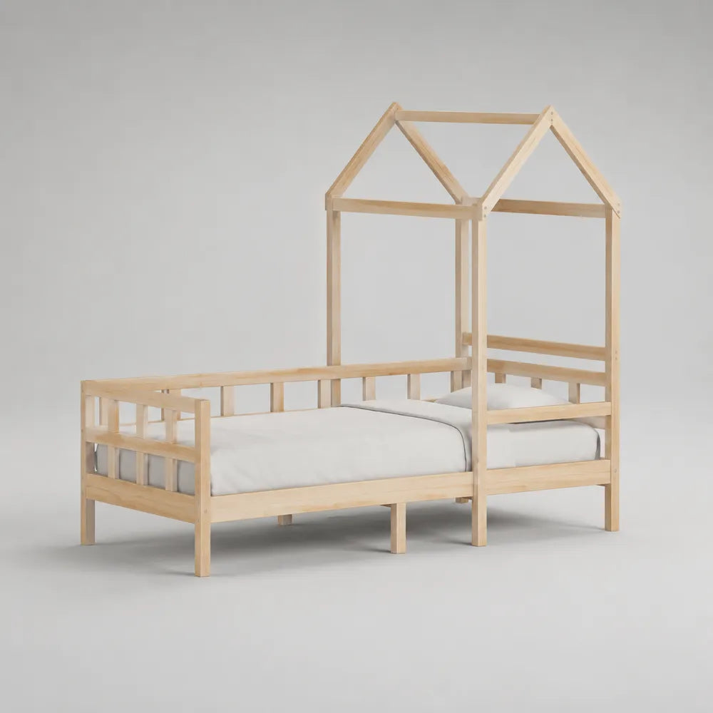 Letto singolo 90 x 200 cm in legno massello di pino con struttura a casetta e rete a doghe finitura naturale