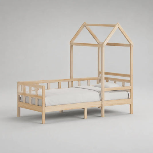 Letto singolo 90 x 200 cm in legno massello di pino con struttura a casetta e rete a doghe finitura naturale