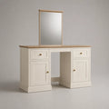 Toilette trucco 120 x 45 x 140 cm in MDF bianco e legno naturale con specchio centrale e vani laterali con cassetti struttura rettangolare