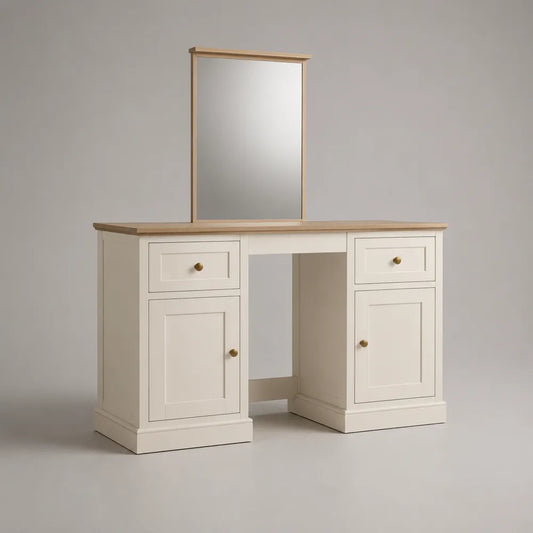 Toilette trucco 120 x 45 x 140 cm in MDF bianco e legno naturale con specchio centrale e vani laterali con cassetti struttura rettangolare