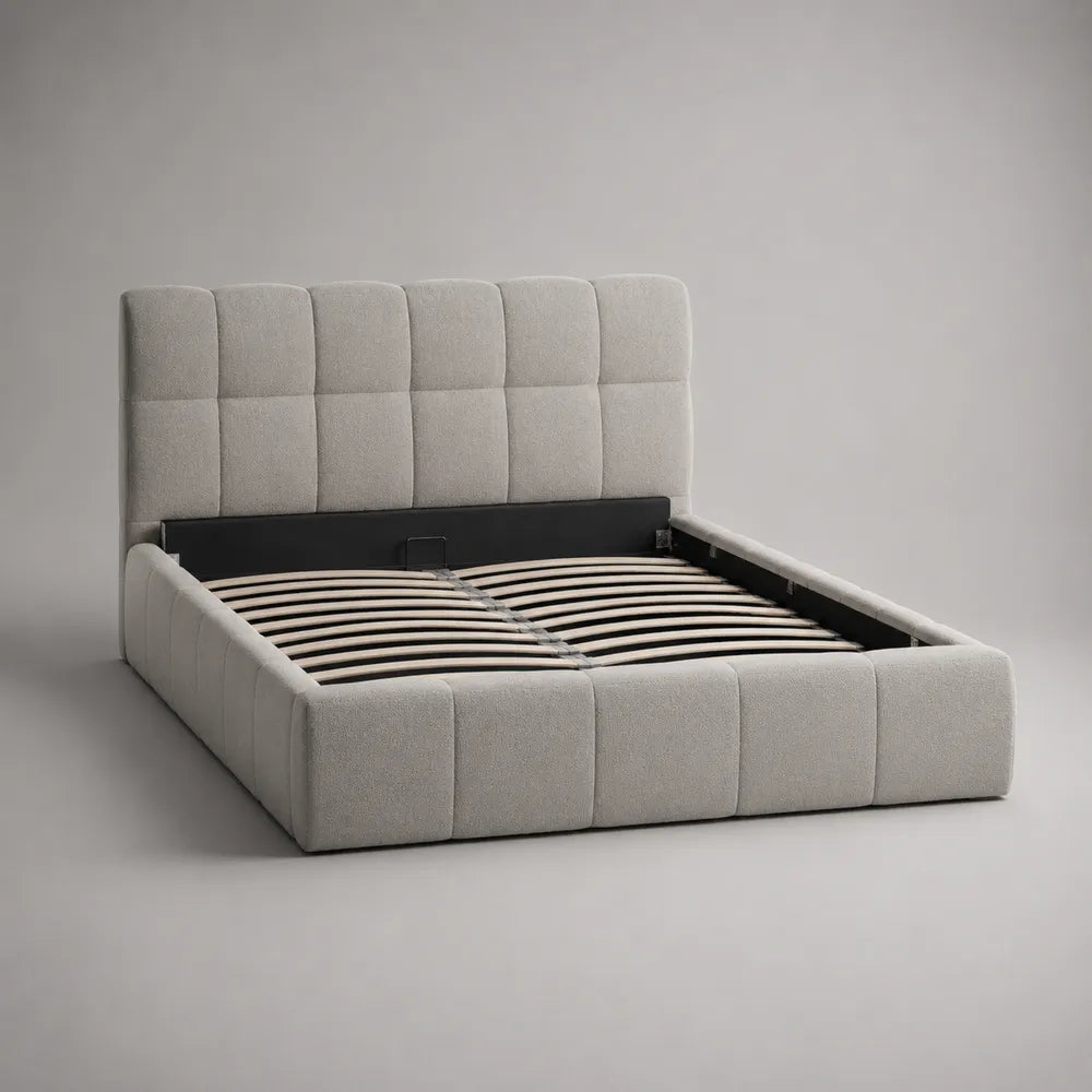 Letto contenitore matrimoniale in tessuto bouclé con rete a doghe e meccanismo di sollevamento 160 x 200 cm beige avorio