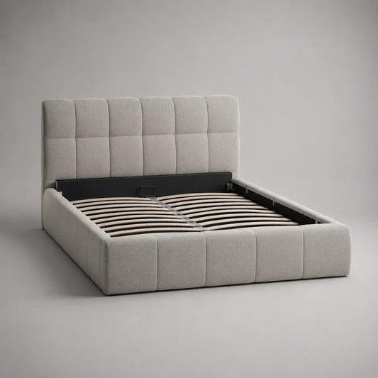 Letto contenitore matrimoniale in tessuto bouclé con rete a doghe e meccanismo di sollevamento 160 x 200 cm beige avorio