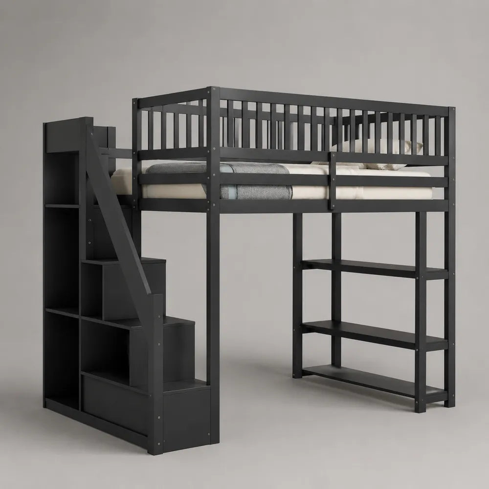 Letto a soppalco 90 x 200 cm in acciaio verniciato nero con scala contenitore scaffali integrati rete a doghe e sponde di sicurezza 245 x 95 x 175 cm