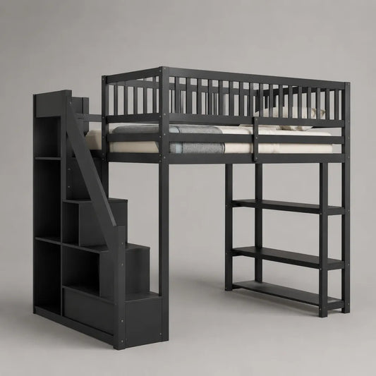 Letto a soppalco 90 x 200 cm in acciaio verniciato nero con scala contenitore scaffali integrati rete a doghe e sponde di sicurezza 245 x 95 x 175 cm