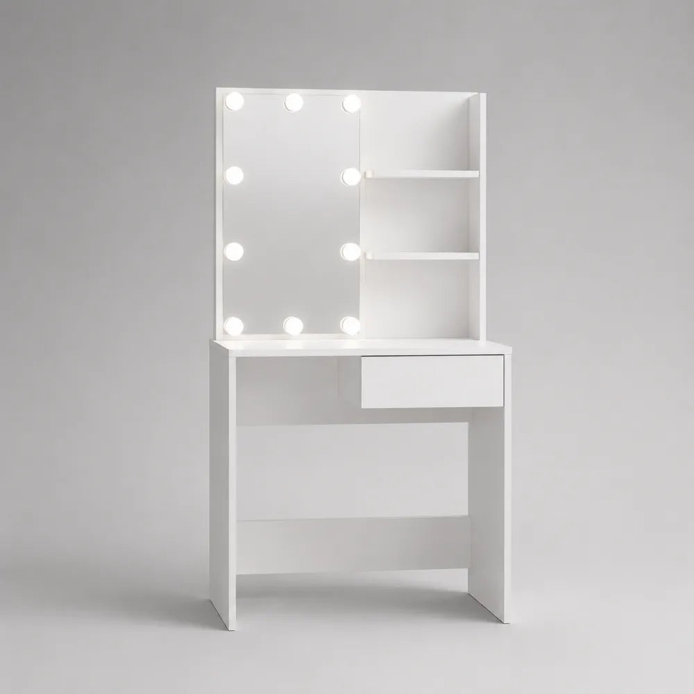 Toeletta da trucco 90 x 40 x 140 cm in pannello truciolare melaminico bianco opaco con specchio LED 10 luci ripiani e cassetto
