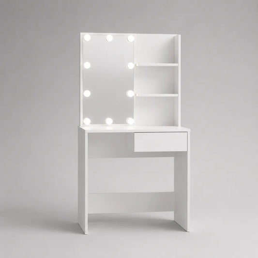 Toeletta da trucco 90 x 40 x 140 cm in pannello truciolare melaminico bianco opaco con specchio LED 10 luci ripiani e cassetto