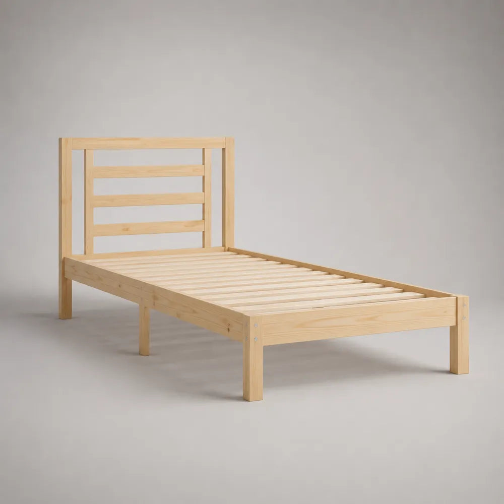 Struttura letto singolo 90 x 200 cm in legno massello di pino finitura naturale con testiera e pediera a doghe rettangolare