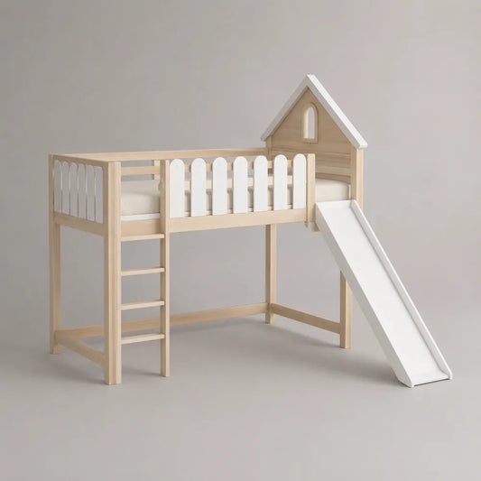 Letto a soppalco singolo 90 x 200 cm in legno massello di pino naturale e bianco con scivolo e scaletta struttura a casetta